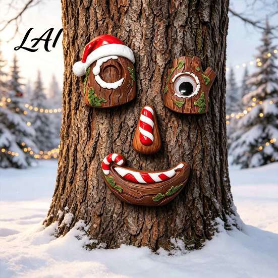 Tree Hugger Holiday Ornament 5 Pcs/Set Outdoor Face Decor Christmas Resin Art with Whimsical Yard Sculpture Santa Hat Funny Eyes Nose Mouth Set for