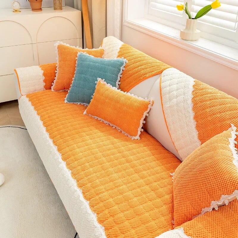 Winter Thicken Plush Sofa Cover White Wide Edge  Chaise Lounge Sofa Towel Mat Modern Non-Slip Couch Cover Cushions Living Room