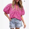 Top Estivo da Donna Moda Casual Manica a Lanterna Scollo a V Bottoni Ricamo Intrecciato in Pizzo Camicia