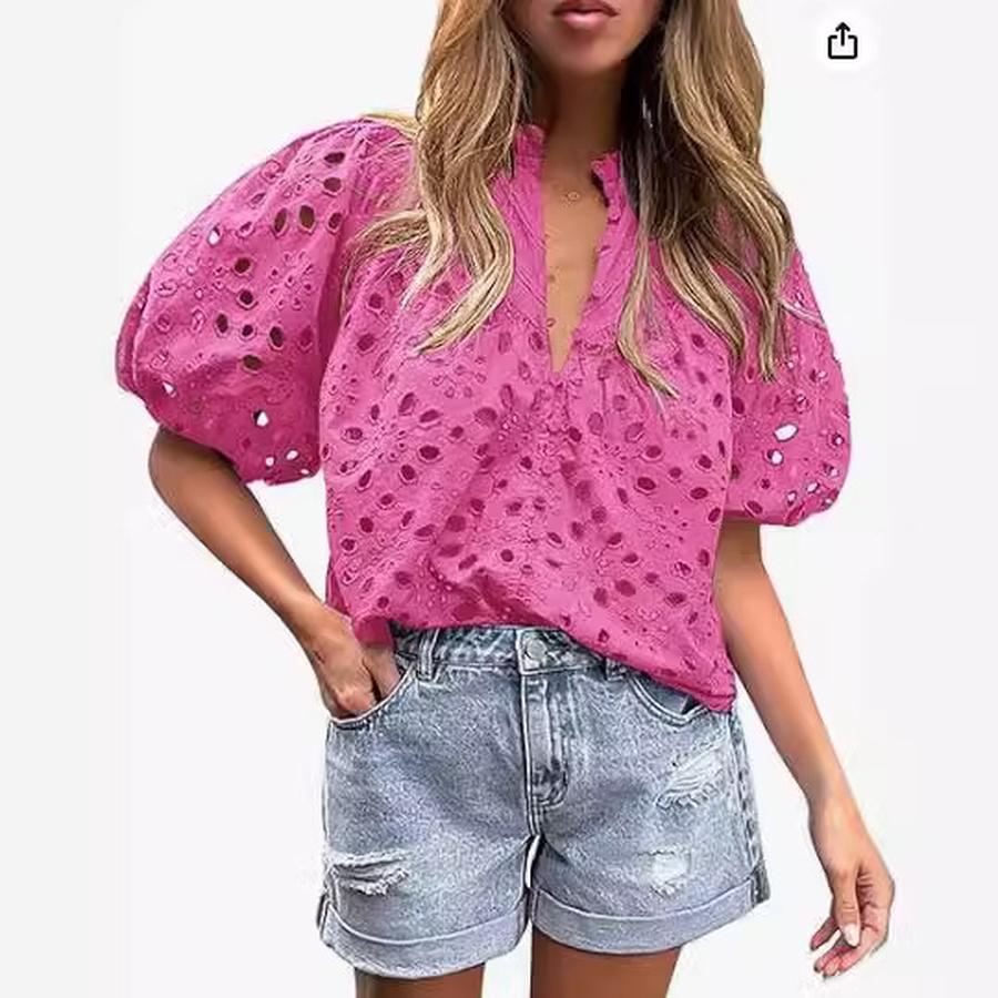 Top Estivo da Donna Moda Casual Manica a Lanterna Scollo a V Bottoni Ricamo Intrecciato in Pizzo Camicia