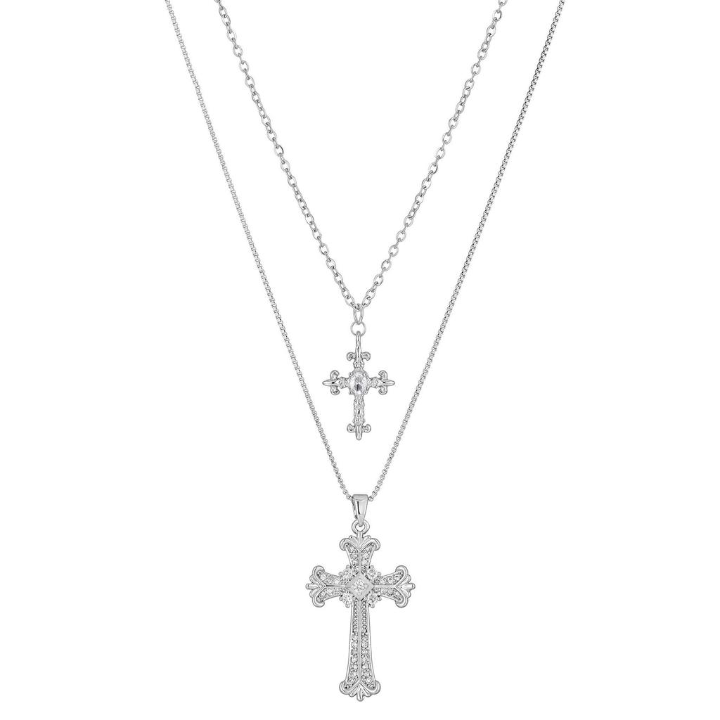 Women's Double Layer Zirconium Cross Pendant Necklace - Titanium Steel Stackable Clavicle & Sweater Chain Accessory