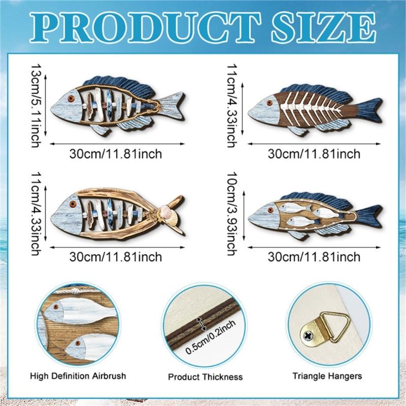 4Pieces Seasides Inspireds Wooden Wall Art Handmade Fish Decorations for Entryway Hallway Interior