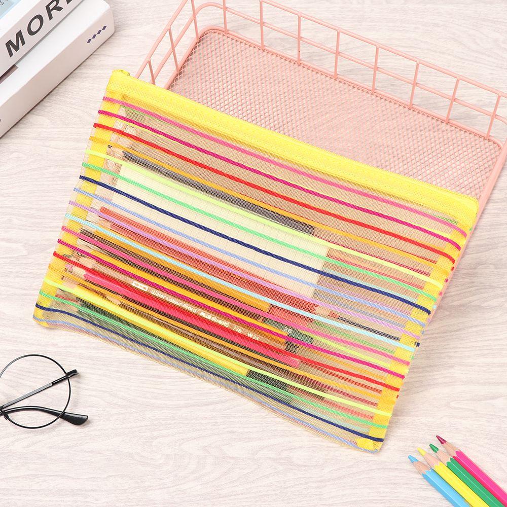 Solid Color Cosmetic Makeup Stationery Nylon Grid Zipper Pencil Case Cosmetic Storage Mesh Pen Bag