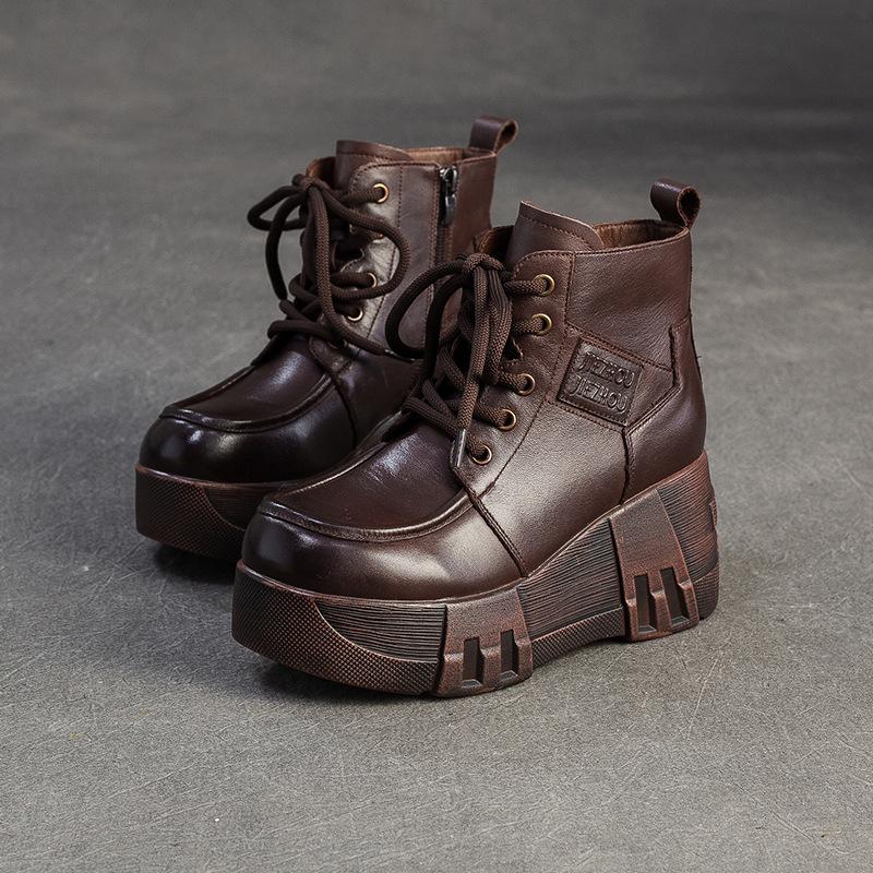 Johnature Retro Thick Sole Wedges Short Boots Genuine Leather Women's Height-increasing Shoes