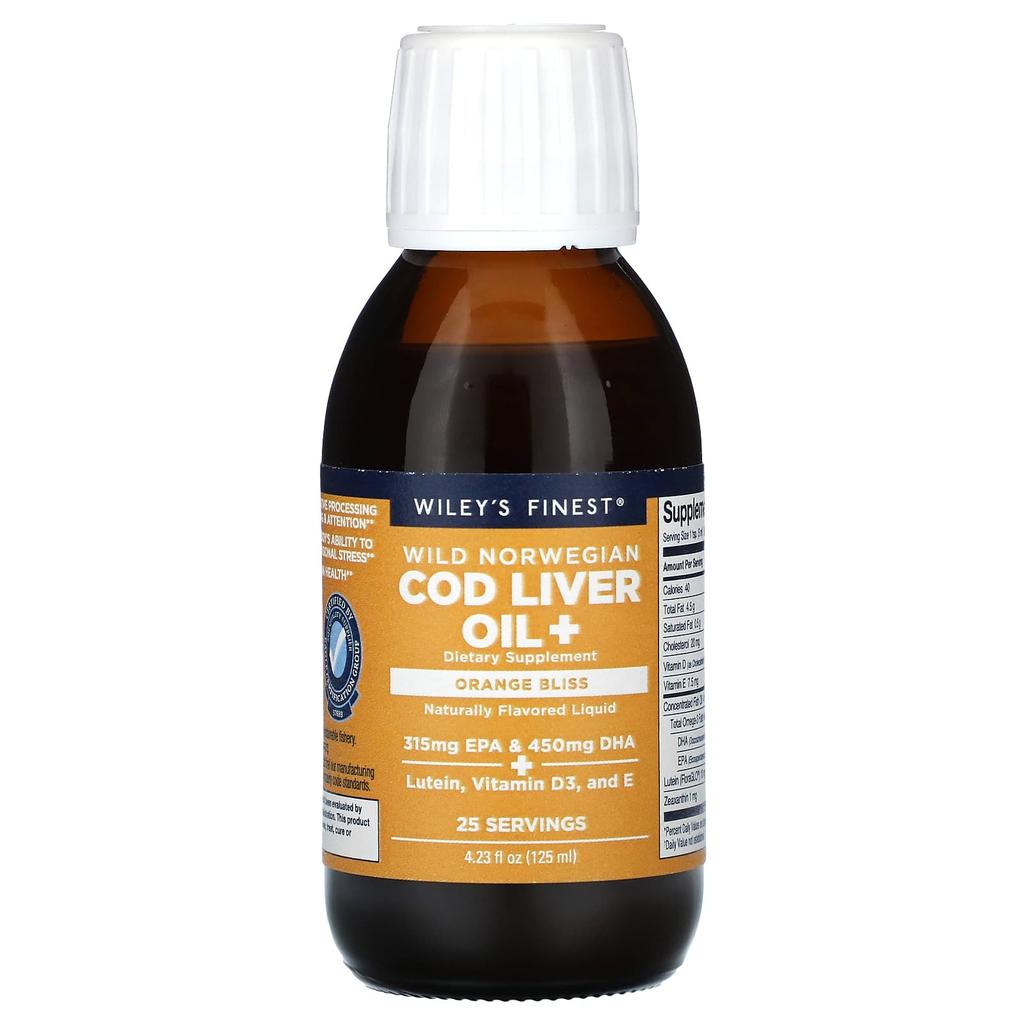Wiley's Finest Norwegian Wild Cod Liver Oil+, Orange Bliss, 4.23 Fl Oz (125 Ml)