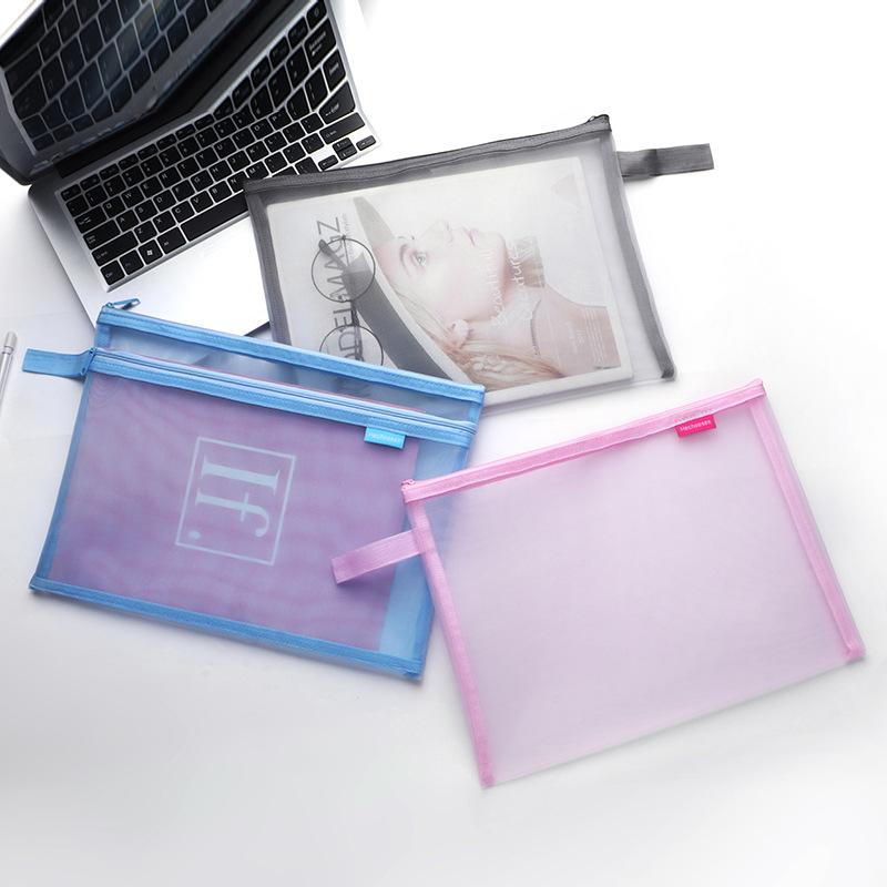 A4 Simple Transparent Mesh Document Bag Information Storage Student Examination Mesh Zipper Bag Stationery File Folders