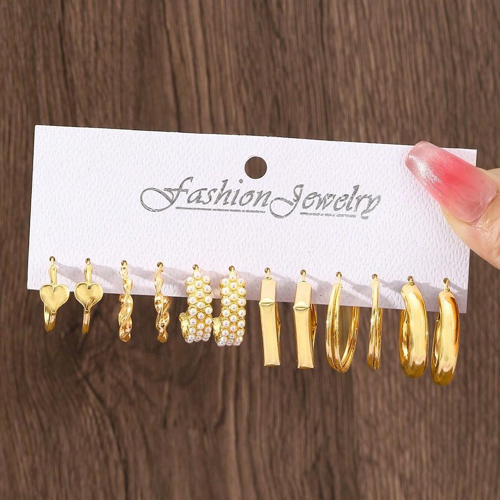 12/48pcs Bohemian Gold Color Metal Earrings Set For Women Fashion Pearl C-Shape Stud Earrings Daily Party Jewelry Festivals Gift