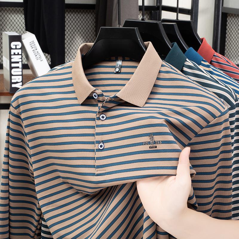 Men's Long Sleeve T-Shirt Striped Wrinkle-Resistant Autumn Business Trendy Lapel Collar Polo Shirt