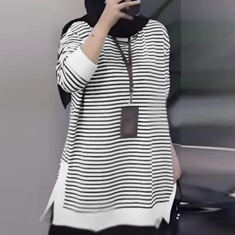 

ZANZEA Женская повседневная блузка-пуловер с круглым вырезом и длинными рукавами в полоску S белый