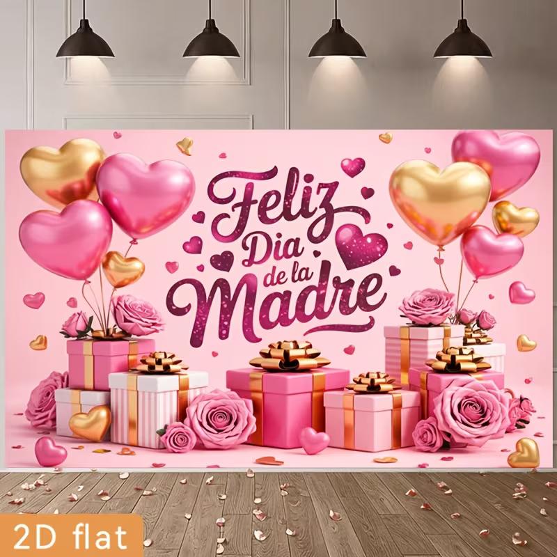 2D Pink Gold Mother's Day Photography Backdrop, Hearts & Rose Background