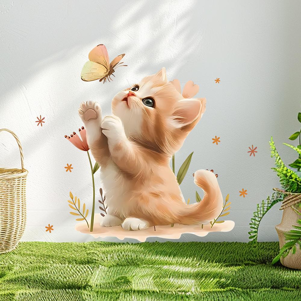 Cute Orange Cat with Butterfly Removable Waterproof Wall Stickers, Self-Adhesive Decor for Kids Room Bedroom Decoration