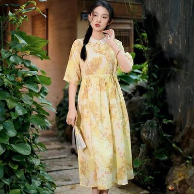 Robe bandage de style chinois pour femmes, col rabattu, imprimé floral, vintage, ligne A, boutons, été