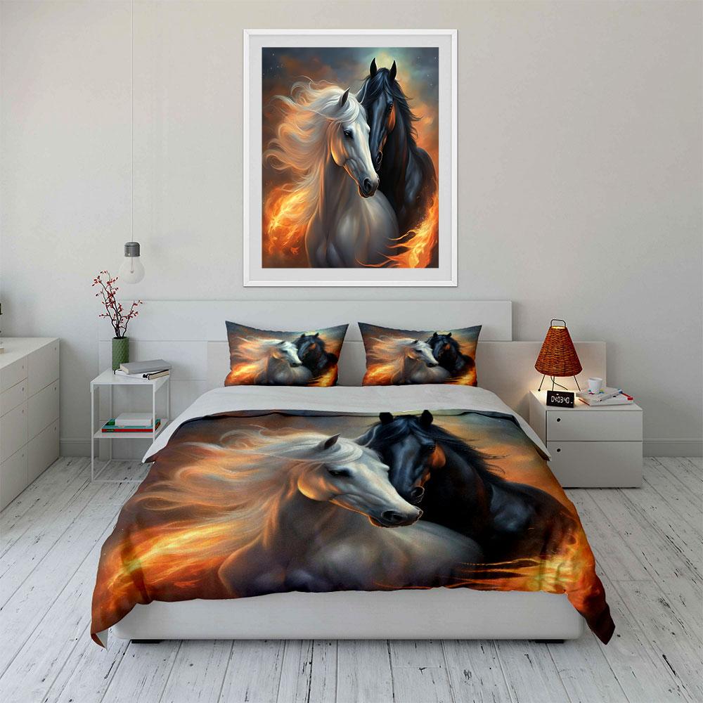Horses Fiery Art Decor Set Bedding Set with 1 Duvet Cover 2 Pillowcases Single Double King Queen, Gift