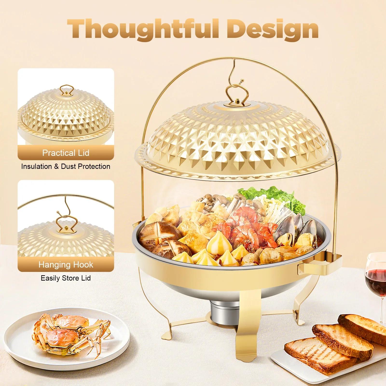 Chafing Dishes for Buffet, 8.5Qt /8L Stainless Steel Round Buffet Chafer, Gold Hanging Lid Dining Stove, Buffet Server oro