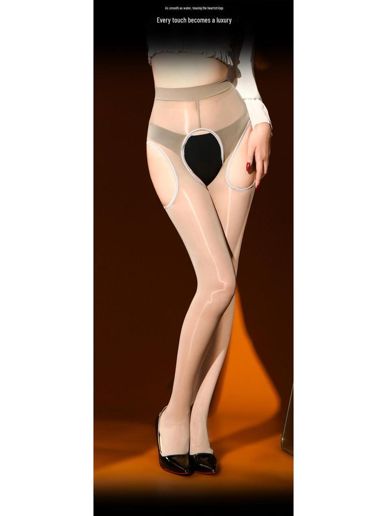 Qing Hema Shiny Black Silk Suspender Pantyhose - Fun, Tempting, Easy Access.