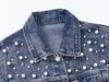 Women's Light Blue Rhinestone Beaded Denim Jacket - Petite, Short, Spring/Autumn 2025