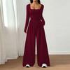 Women's Fashion Casual Long Sleeve Square Neck Wide Leg Jumpsuit Slim Fit Color
