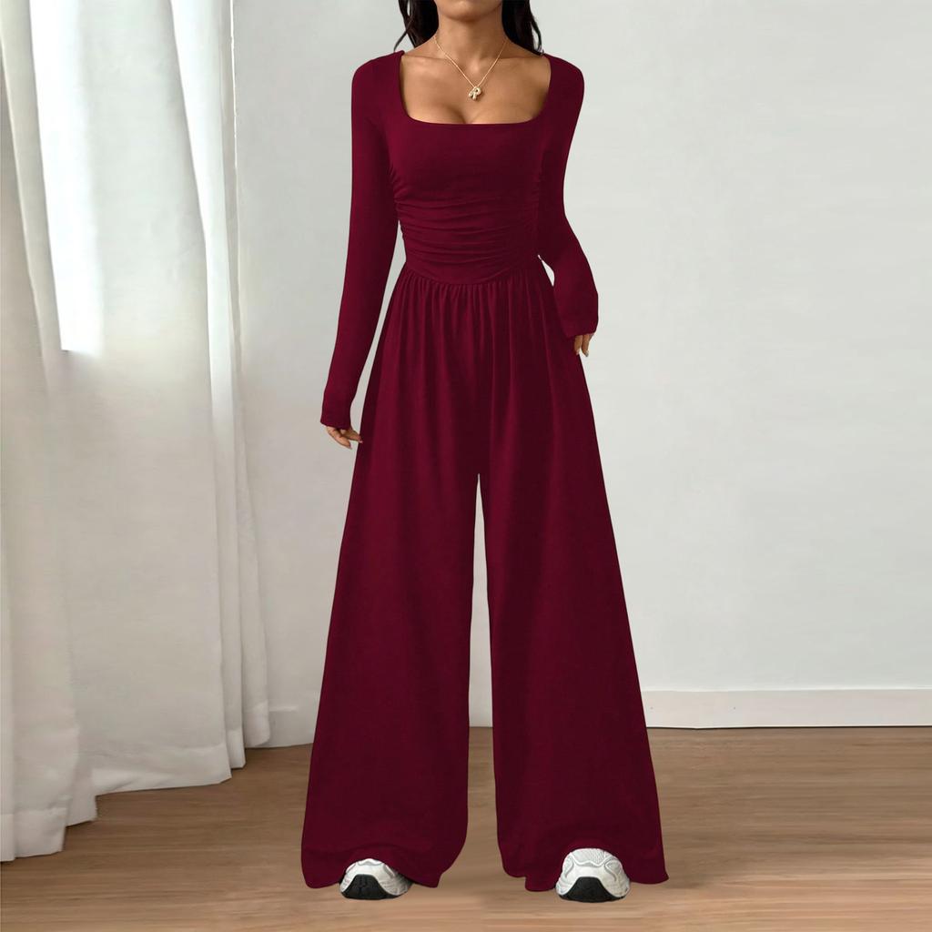 Women's Fashion Casual Long Sleeve Square Neck Wide Leg Jumpsuit Slim Fit Color