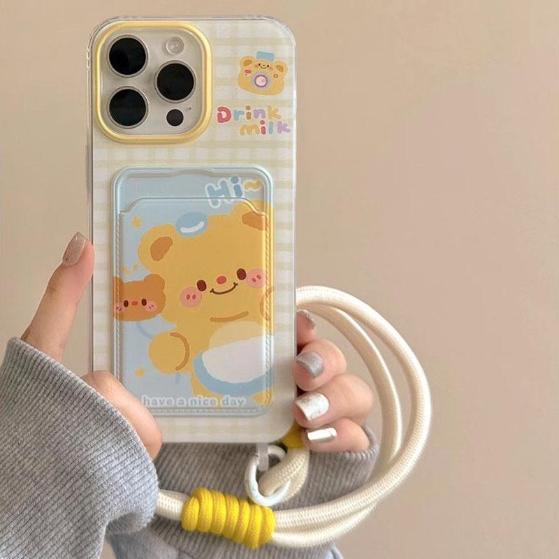 Cute Bear Print Card Slot Lanyard Shockproof Phone Case For Apple Iphone iphone16