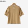 ZANZEA Women Casual Stand Collar Solid Color Summer Half Sleeve Blouse