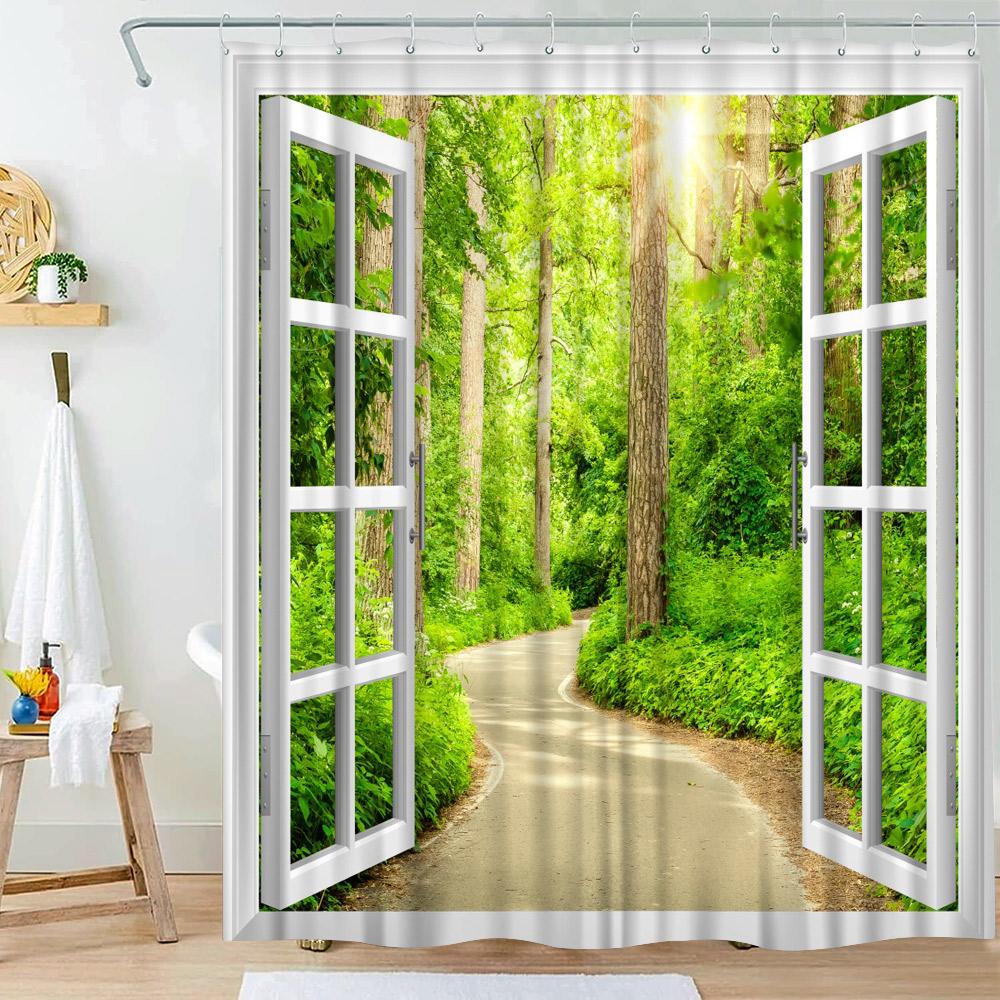 Waterfall Shower Curtain Natural Landscape Outside Window Scenery Forest Flowing Stream Bathroom Decor Polyester Bath Curtains