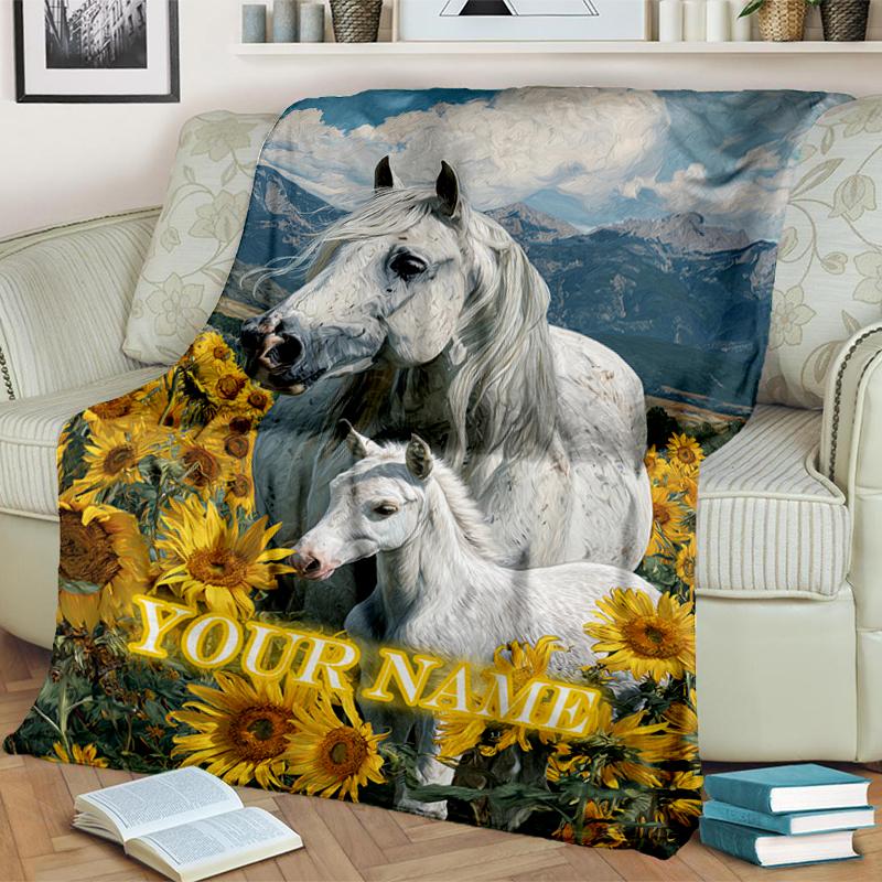 1PC Custom Name Horse Foal Sunflowers Flannel blankets Patterns Throw Blanket All-Season Soft Gift for Couch, Bed, Camping gifts