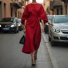 Women Elegant Belted Maxi Dress Batwing Sleeve Round Neck Split Solid Color Formal Party Long Gown