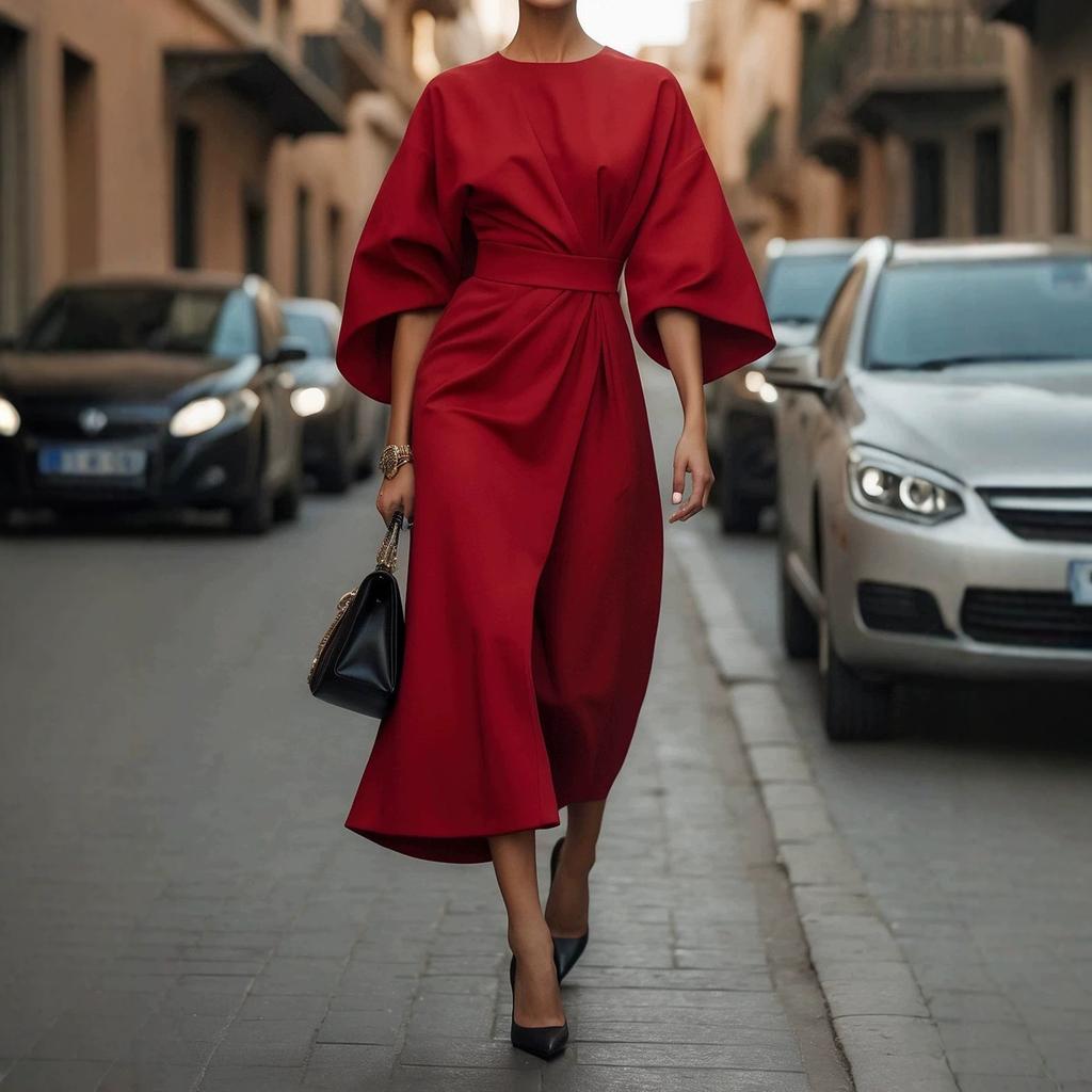 Women Elegant Belted Maxi Dress Batwing Sleeve Round Neck Split Solid Color Formal Party Long Gown