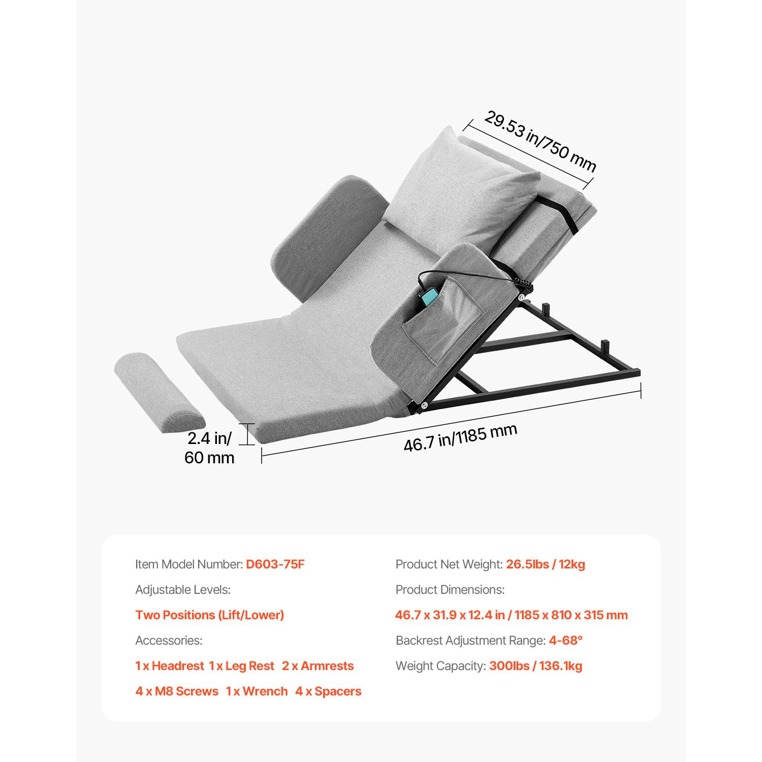 

SucceBuy Electric Lifting Backrest for Bed 4-68° Adjustable Lifting Bed Backrest with Guardrail Armrest for Pregnant Women