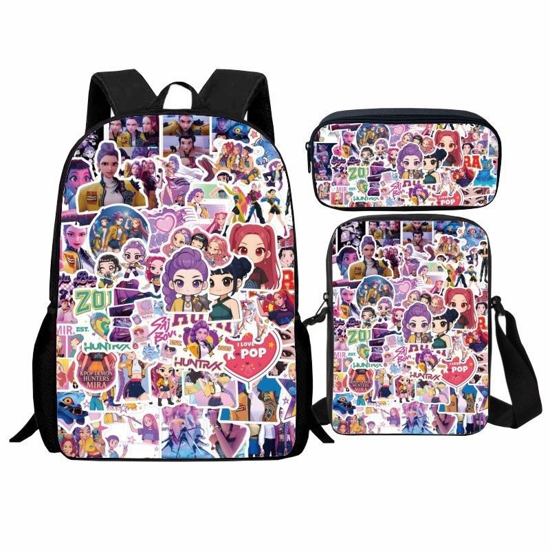 Set Zaino per Studente Gruppo di Ragazze Cacciatrici Kpop 3-in-1 Cartone Animato Borsa Scolastica con Borsa a Tracolla e Astuccio