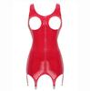 Women Open Cup Patent Leather Mini Dresses with Garter Clips Sleeveless Zipper Hollow Out Dress Wet Look Party Clubwear