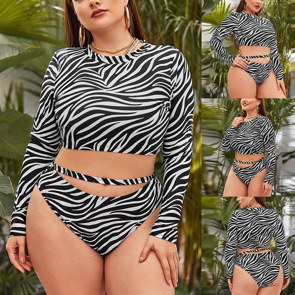 Split Swimsuit Stripe Printed High Waist Hollow Out Long Sleeve Sunscreen Swimsuit For Women