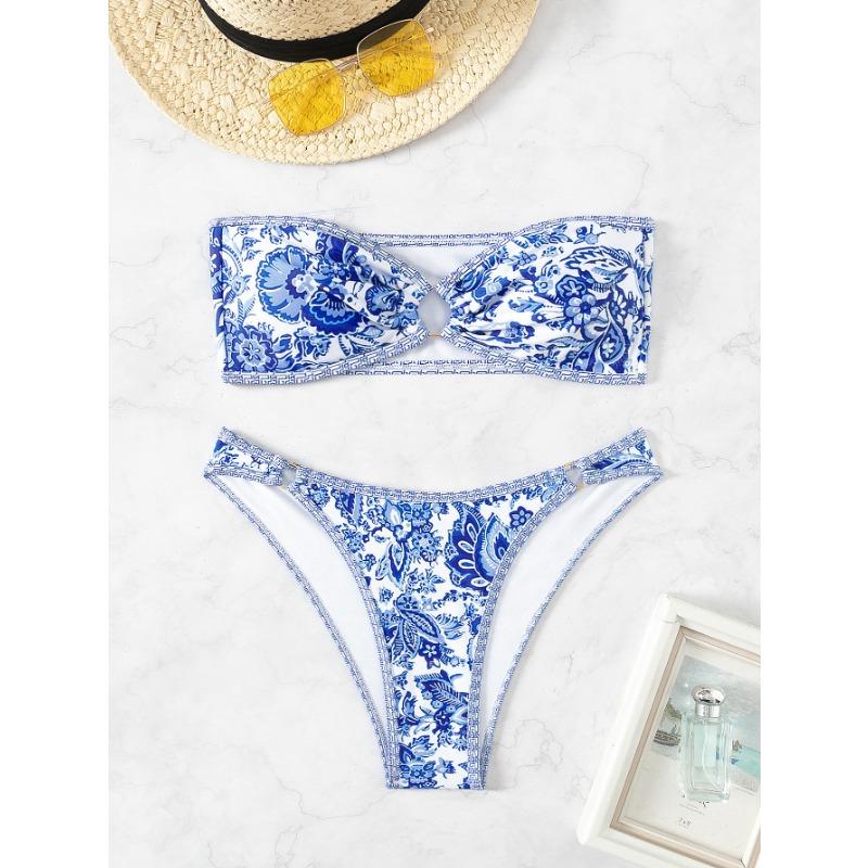 Damen Neuer Blau-Weiß-Porzellan-Druck mit Brust Sexy Bikini Badeanzug