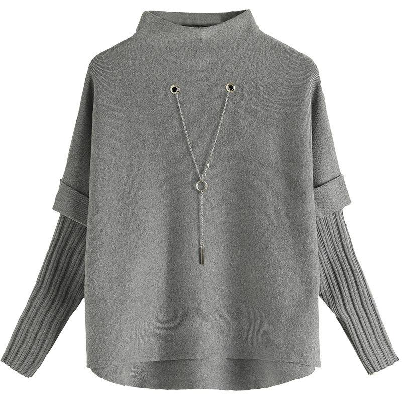 Semi-turtleneck Knitted Bottoming Shirt Women's Spring and Autumn Models New Long-sleeved Splicing Fake Two-piece Top Short Sweater