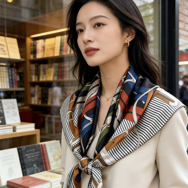 Silk silk scarf light luxury chain retro mulberry silk temperament printed versatile square scarf outer scarf shawl