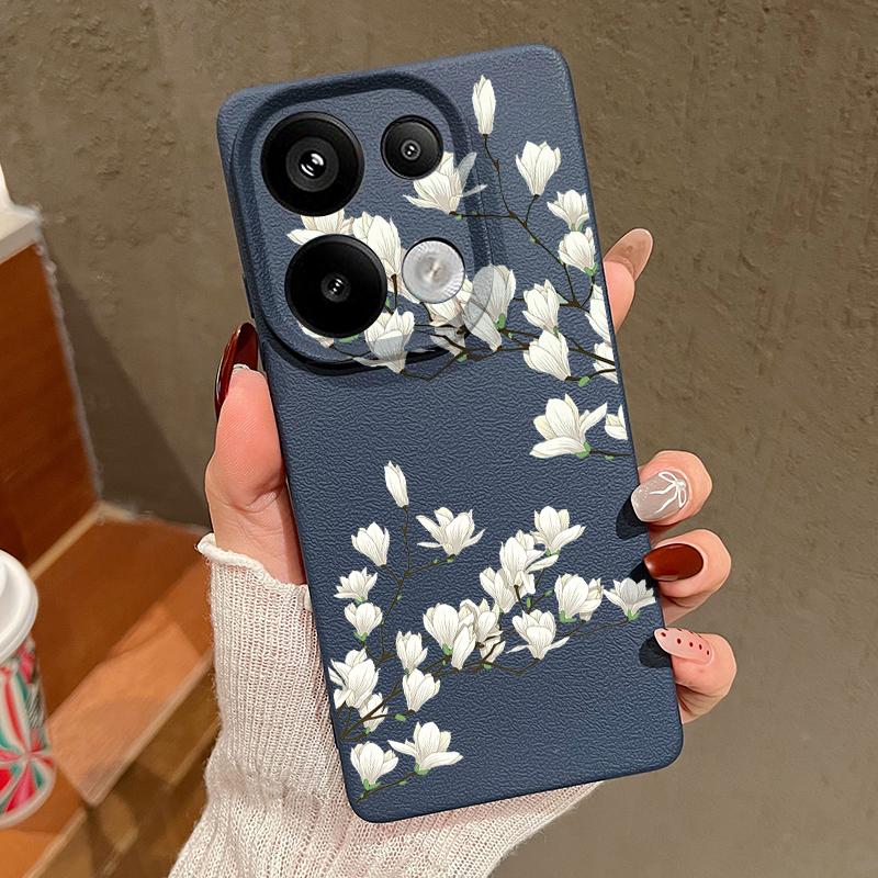 Simple Plant Floral Print TPU Matte Leather Texture Slim Phone Case For Xiaomi 13T Pro Poco X6 M6 Pro Redmi Note 14 Pro 13 12 11 Soft Shockproof Cover