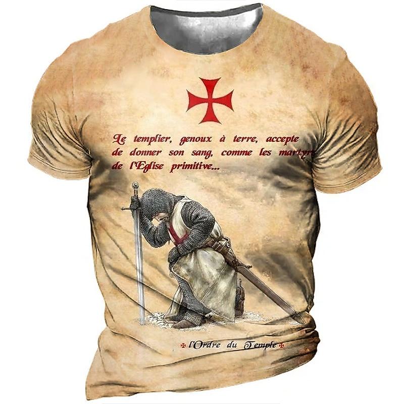 Men's Templar Cross Print Soldier T-shirt Christian T-shirt Short Sleeved T-shirt 3D Printed Round Neck Shirt