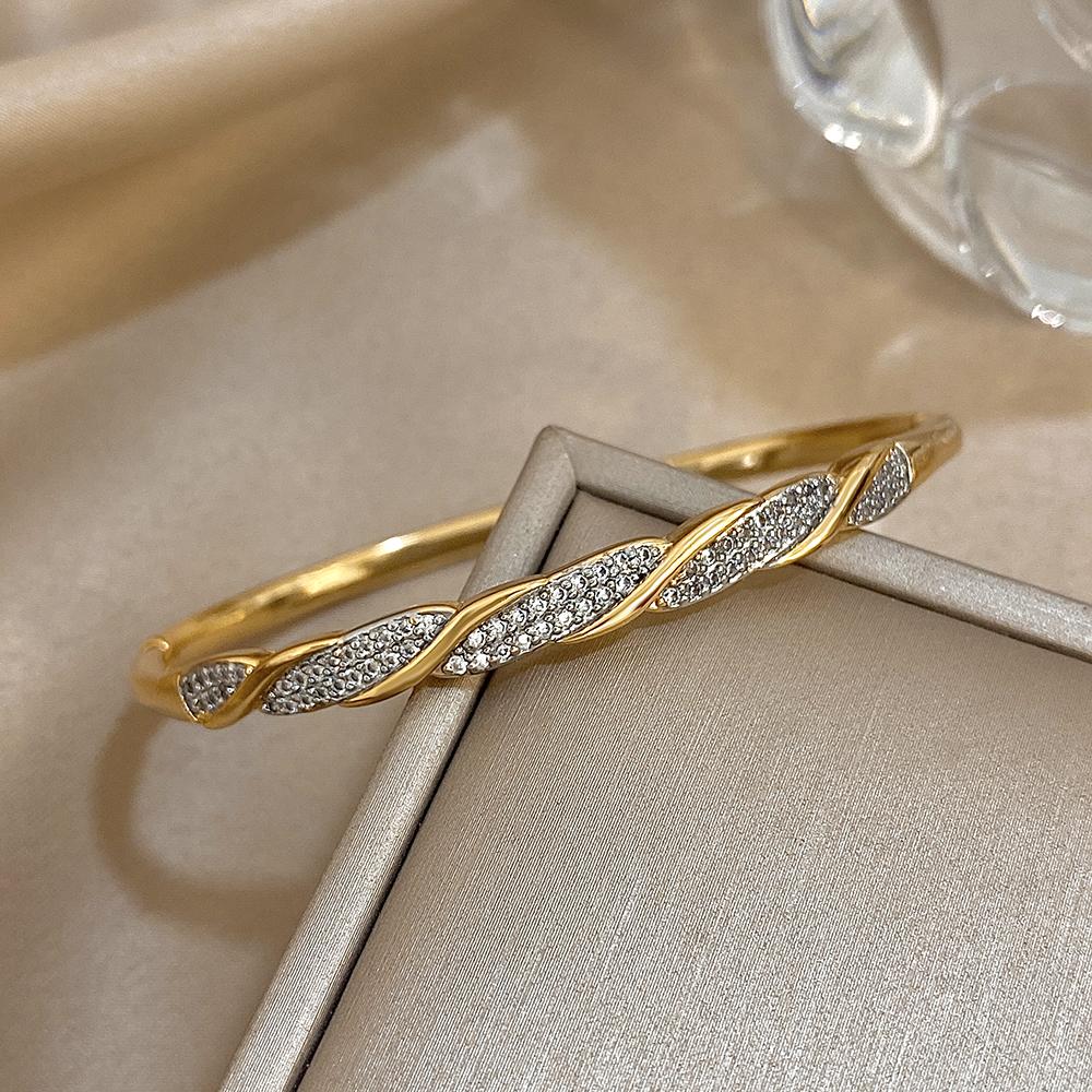 Freetry Glossy Golden Plated Round Bangle Bracelet for Women Fashion Cross Inlaid Zircon Open Spring Bangle Female Jewelry Gift