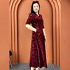 Women's Plus Size Printed Velvet Dress Autumn Loose V-neck A-line Long Casual Dress