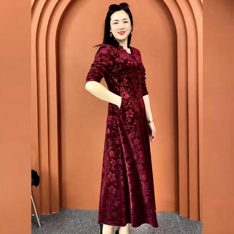 Women's Plus Size Printed Velvet Dress Autumn Loose V-neck A-line Long Casual Dress