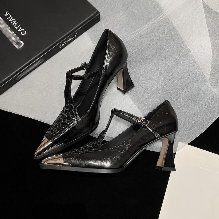 

Hand-woven 6cmT type with Mary Jane shoes 2025 spring, summer and autumn anti-collision leather single shoes women s pointed high heels 40 чёрный