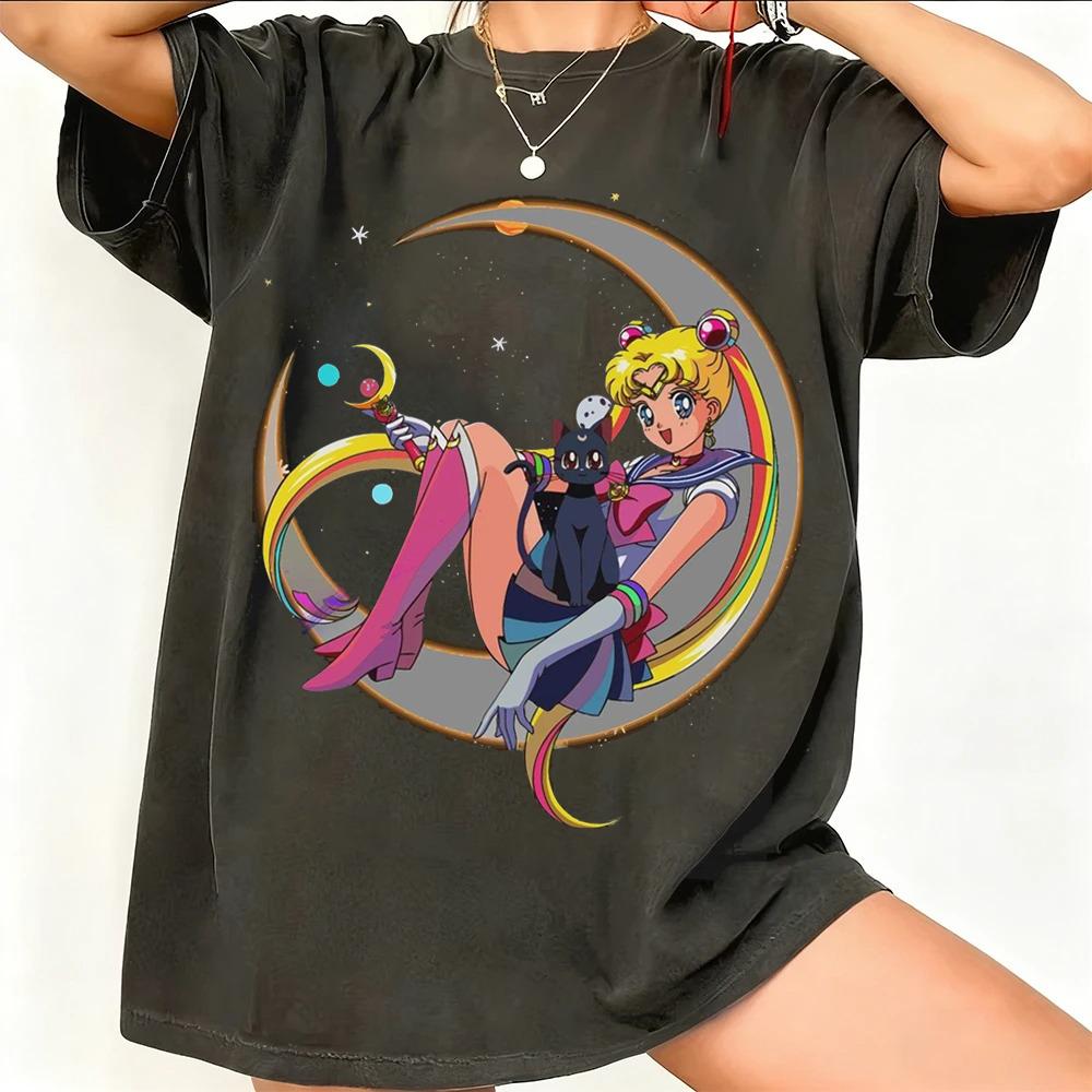 Sailor Moon Retro 90er Anime Grafik T-Shirt Sommer Baumwolle Unisex Damen Tee Streetwear Lässig Trend Kurzarm Paar Hip Hop Oberteil