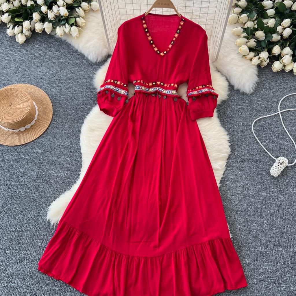 Abito Slim Vintage Ricamato Scollo a V per Donna Paillettes Frange Vocation Spiaggia A-line Abiti Casual Monopezzo Vestido Mujer Nuovo