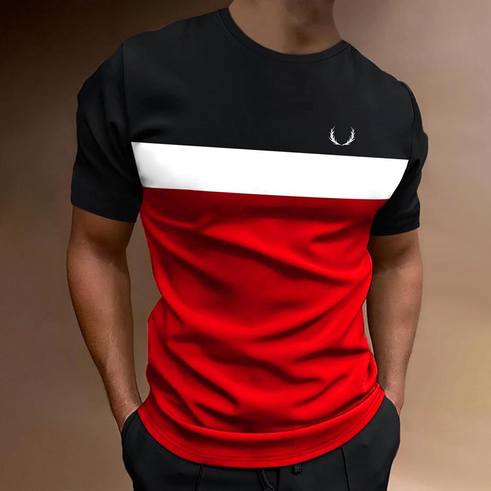 Fashion Men's Color Blocking Printed T-Shirt Casual Street Male Crew Neck Short Sleeve T Shirt Large Size Menswear Clothing