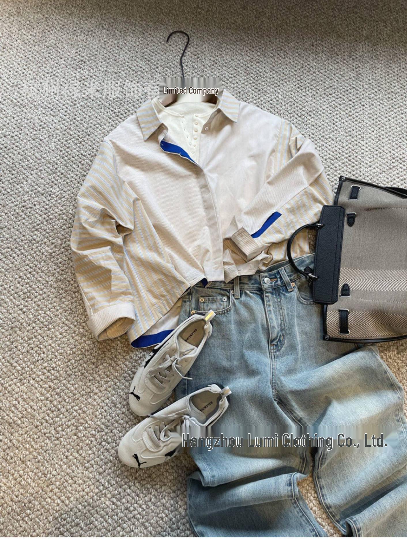 Casual Loose Striped Cotton Shirt with Lapel and Cinched Waist - H36763 Large