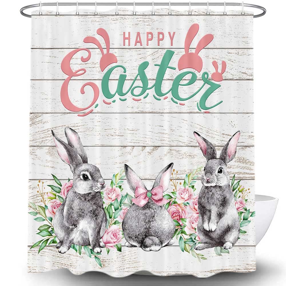 

Happy Easter Bunny Shower Curtain Funny Rabbits Pink And Blue Eggs Bath Curtain Polyester Fabric Waterproof Bathroom Curtain W60H190(CM)-1 Pcs