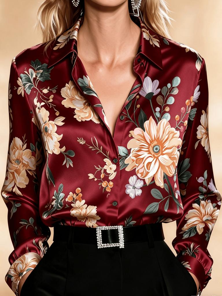 Women's Satin Floral Print Long Sleeve Shirt Lapel Collar Elegant Daily Blouse