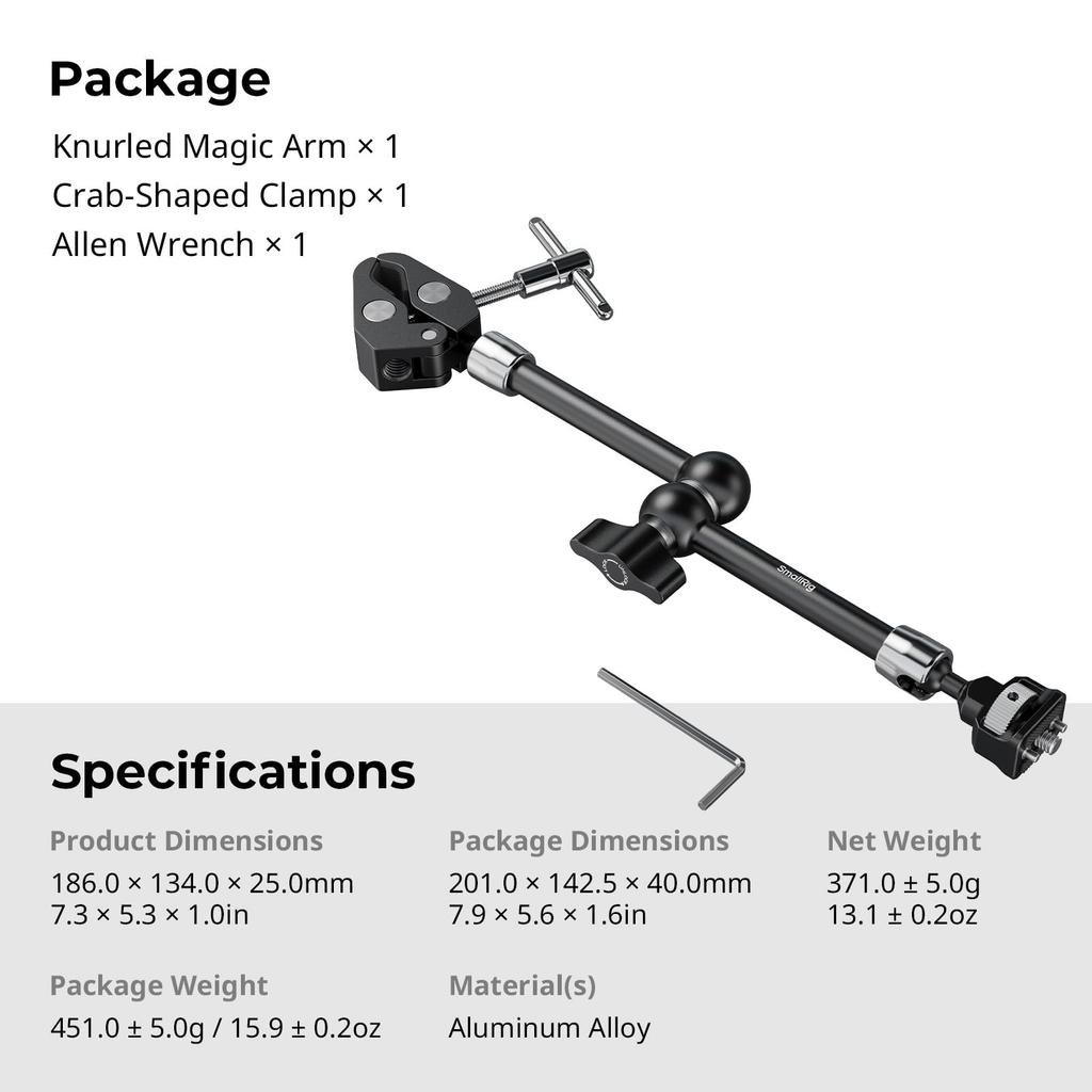 SmallRig Magic Arm with Crab Screw and Retractable Pin for Action Video and Microphones 11" Clamp, 1/4"-20 Cameras, Monitors, Lights, (Product Code