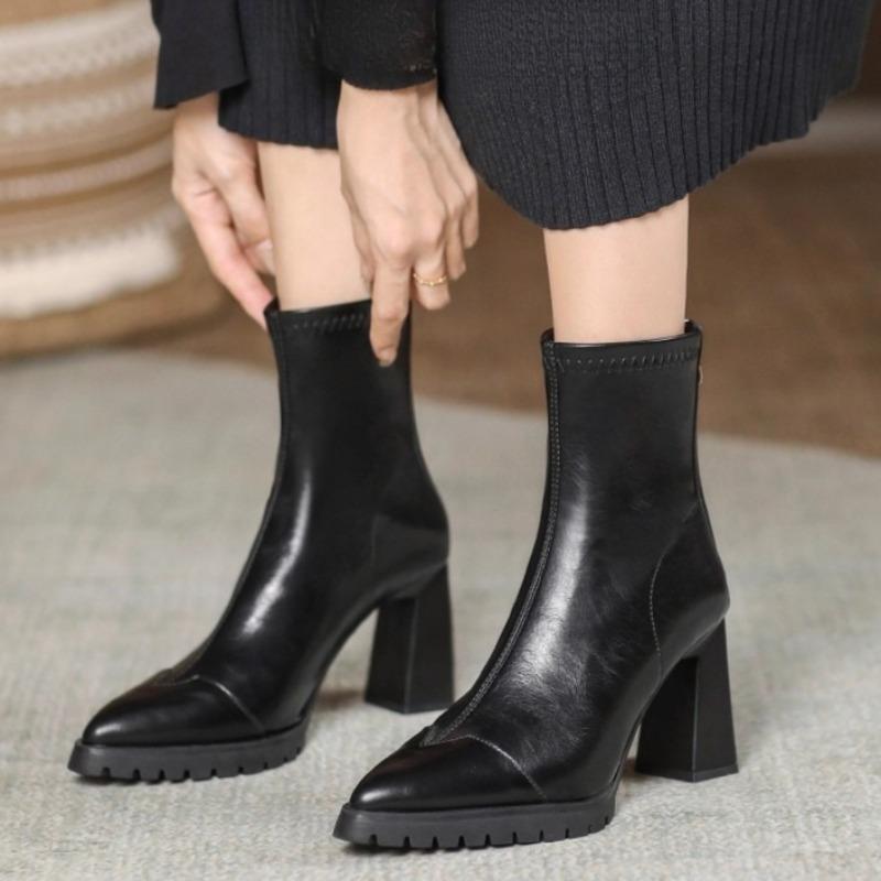 

Pointed Toe Booties Women Popular This Year s New Block Heel High Heel Small Person Heightened French Skinny Boots 35 чёрный