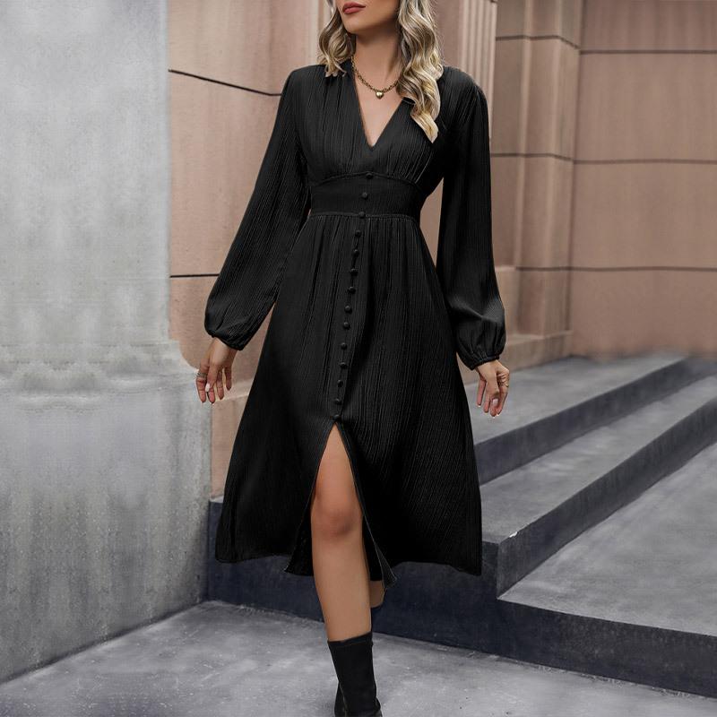 YYFS Women's Fashion Spring Fall Solid Color Print Long Sleeve V-Neck Middle Waistline Casual Dresses